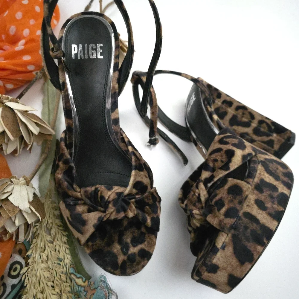 PAIGE Leopard Print Knot Front Platform Sandals - Brown Sz 8m - Picture 2 of 10